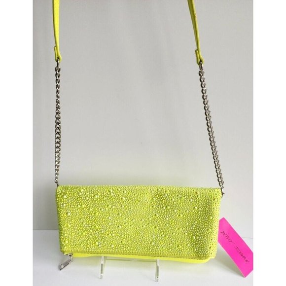 Betsey Johnson Handbags - Betsey Johnson Citron Yellow Rhinestone Flap Clutch Crossbody Purse Handbag NWT